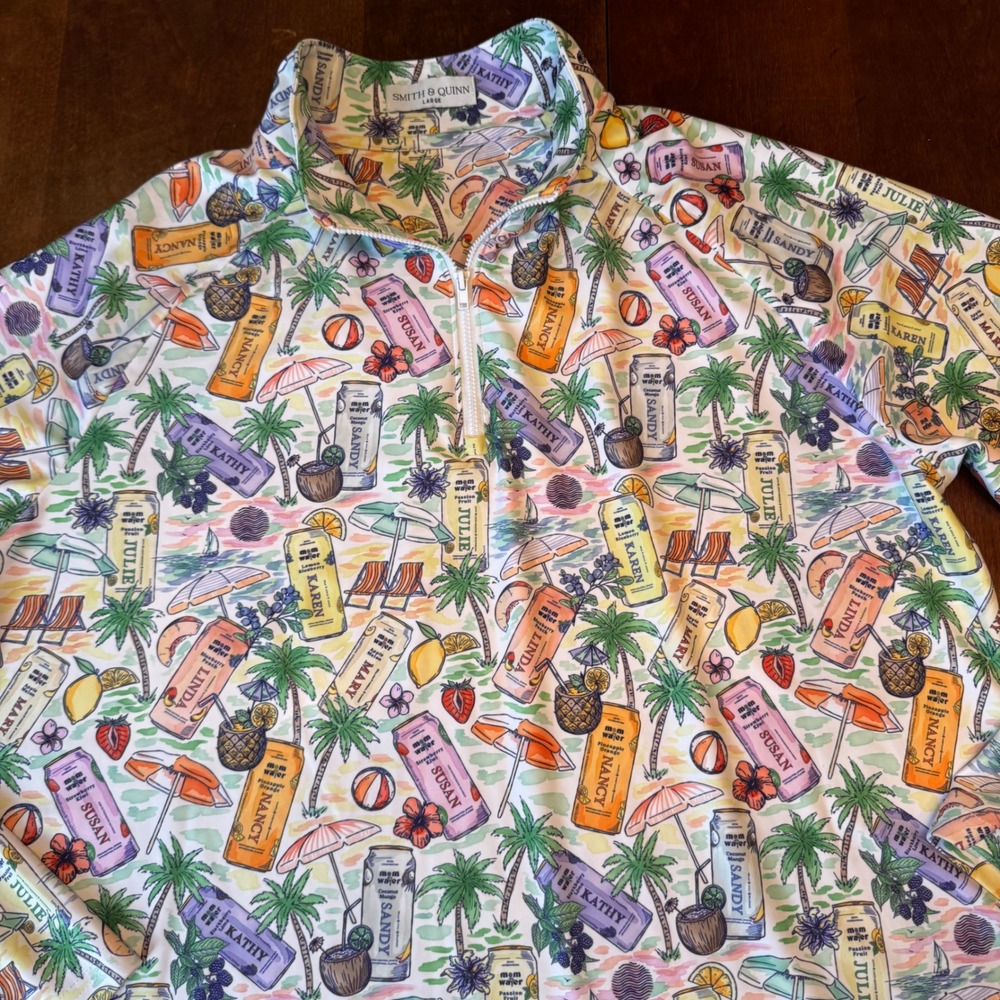Smith & Quinn Women Large White Mom Water Tropical Print Quarter Zip Top